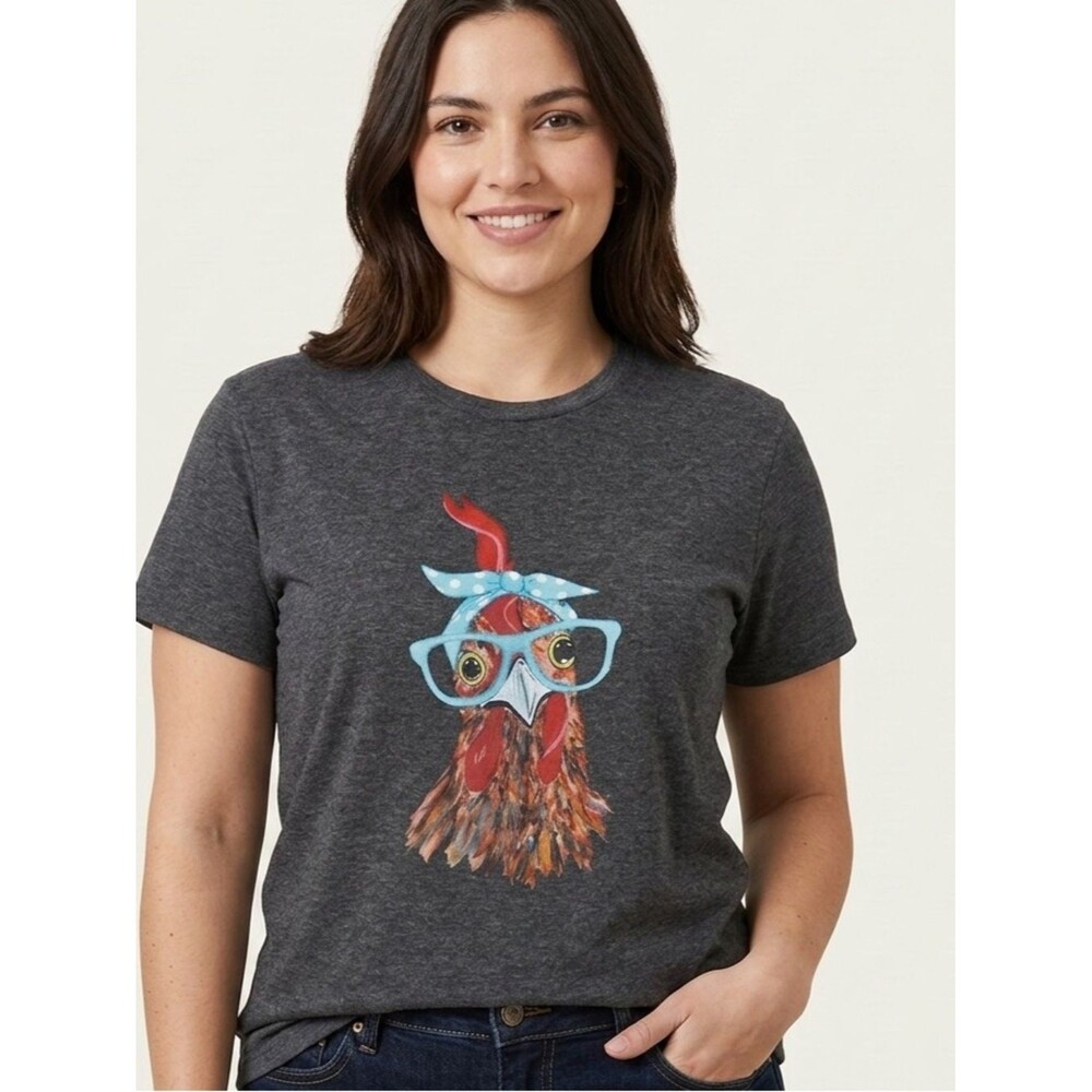 Chic Geek Chicken Graphic Tee | Gray Heather Crew Neck Short Sleeve Shirt Small